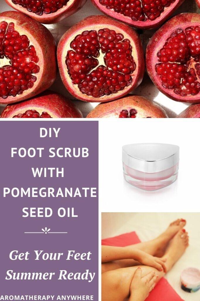Collage of pomegranate, bottle of skin cream and barefeet