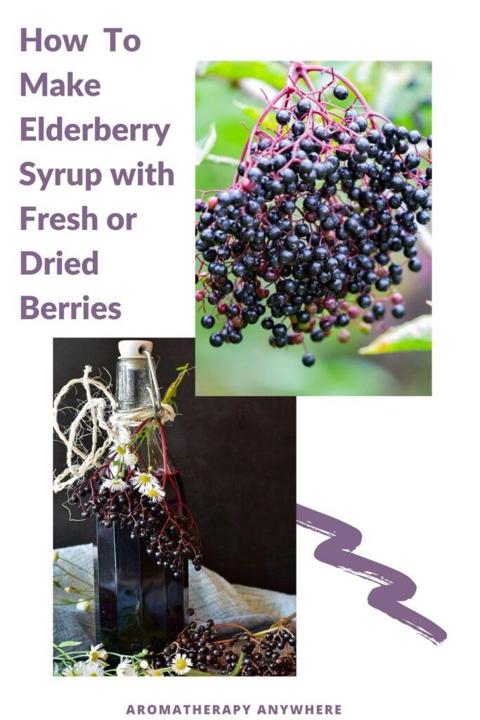 bunch of elderberries and a bottle of syrup
