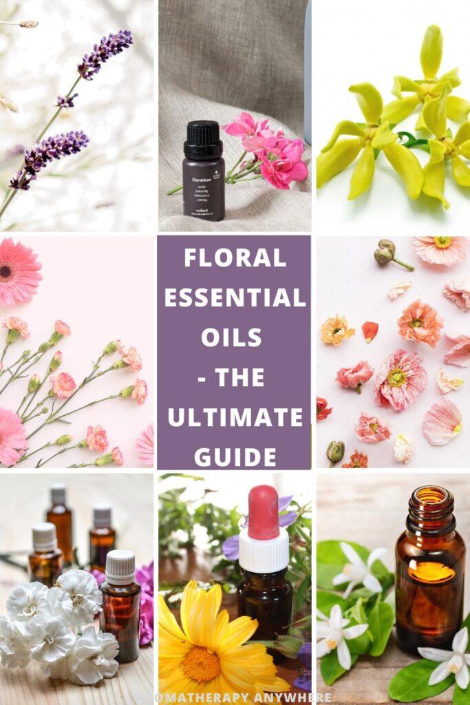 collage of flowers and essential oil bottles