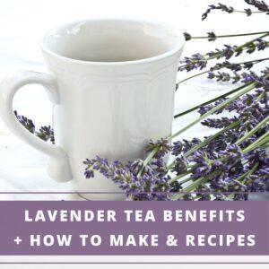 cup of lavender tea with lavender sprigs on the side