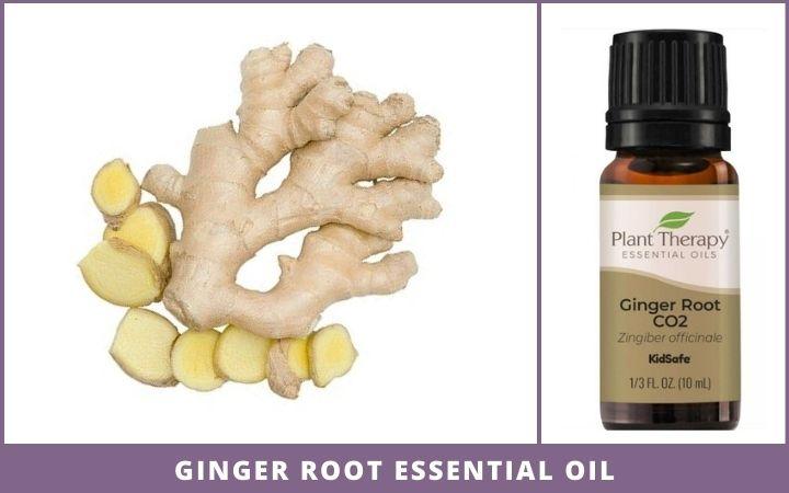 whole and sliced ginger + essential oil bottle