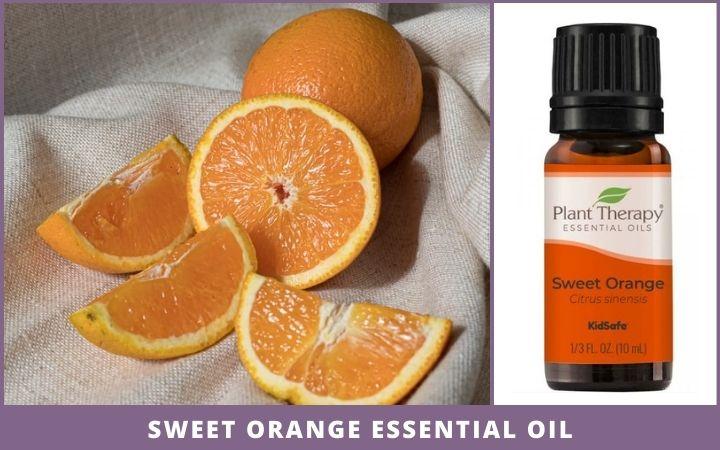 full and sliced sweet orange + essential oil bottle