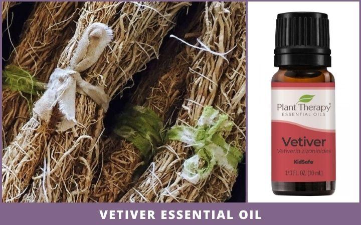 vetiver roots+ essential oil bottle
