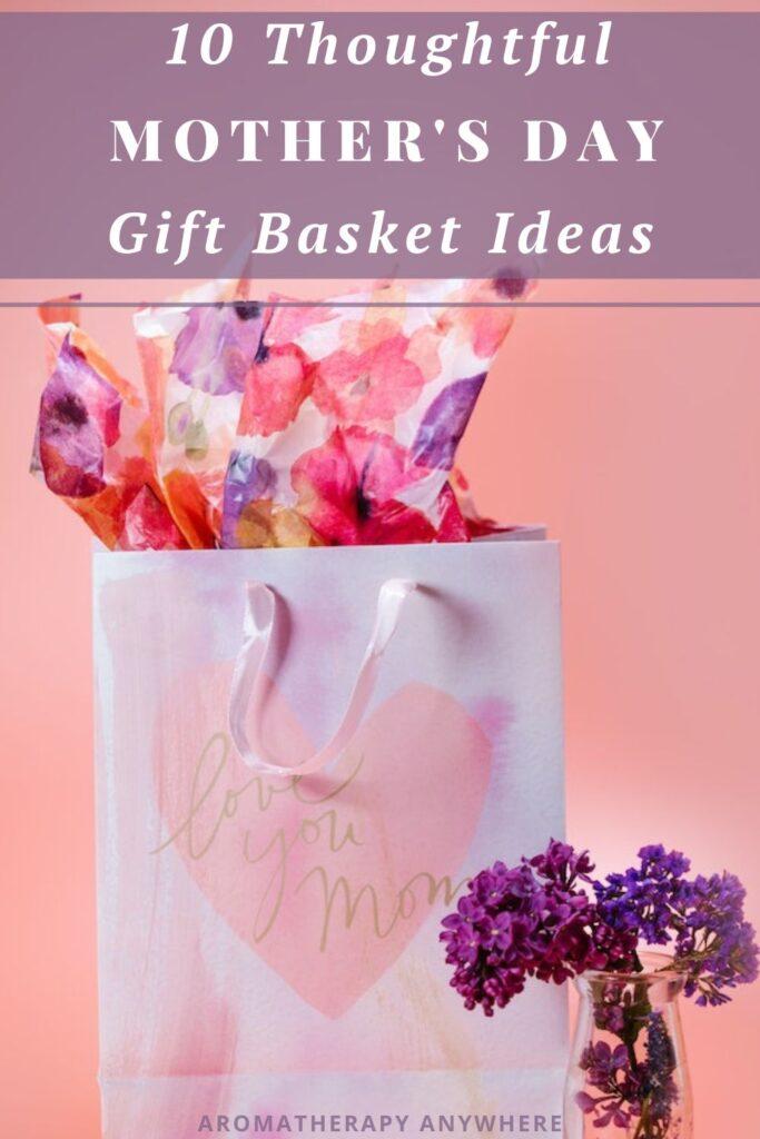 Gift bag with floral tissue paper and a vase of flowers