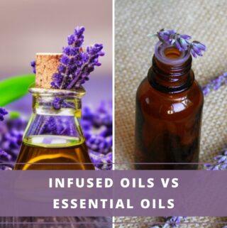 bottles of lavender infused oil and lavender essential oil - difference between the two