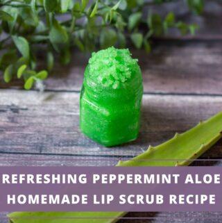 Homemade peppermint aloe vera lip scrub in glass bottle