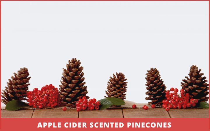 apple cider scented pinecones on a wooden table with red berries