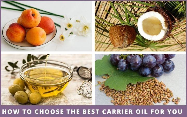 dish of apricots, coconut halves, bowl of olive oil and grapesees - how to choose the best carrier oil