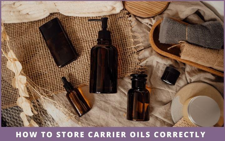 bottles of carrier and essential oil on jute clothe