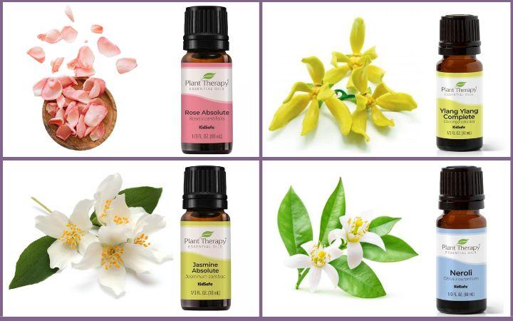 4 essential oil bottles+ images of roses, ylang ylang, jasmine and neroli