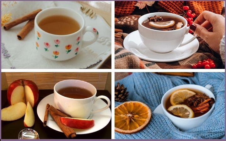 4 images of cinnamon tea with lemon and apple slices