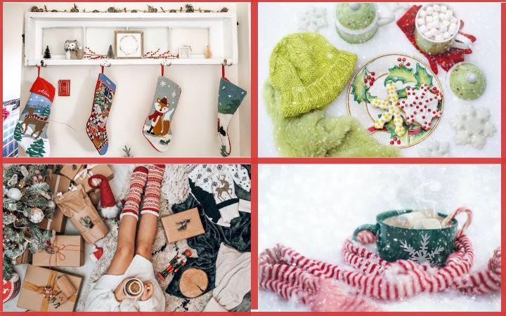 collage of stockings, christmas cookies and mug with hot chocolate and marshallow