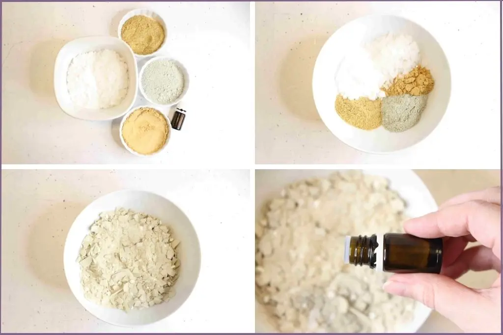 4 images with ingredients to make bentonite clay detox bath powder