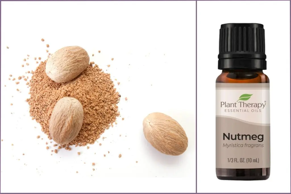 Whole and grated nutmeg+ Nutmeg essential oil bottle