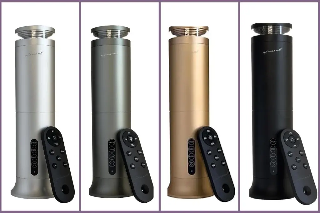 4 cylindrical aromatherapy diffusers in different finishes - silver, grey, gold, and black