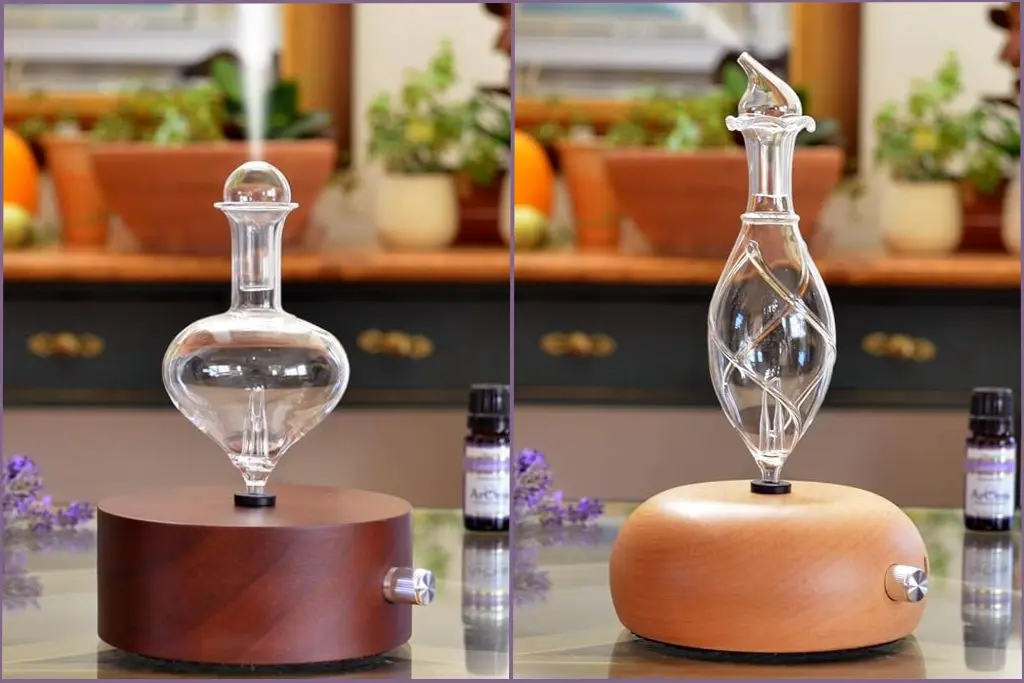 2 glass diffusers with brown wood bases