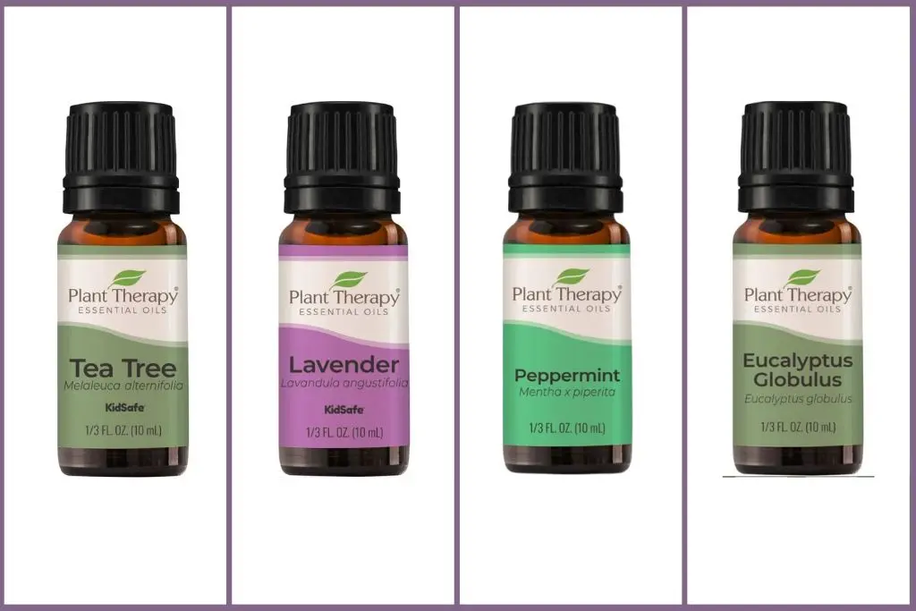 4 bottles of essential oils for soothing bug bites- tea tree, lavender, pepperming, eucalyptus