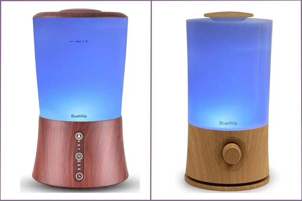 two essential oil diffusers with brown bases
