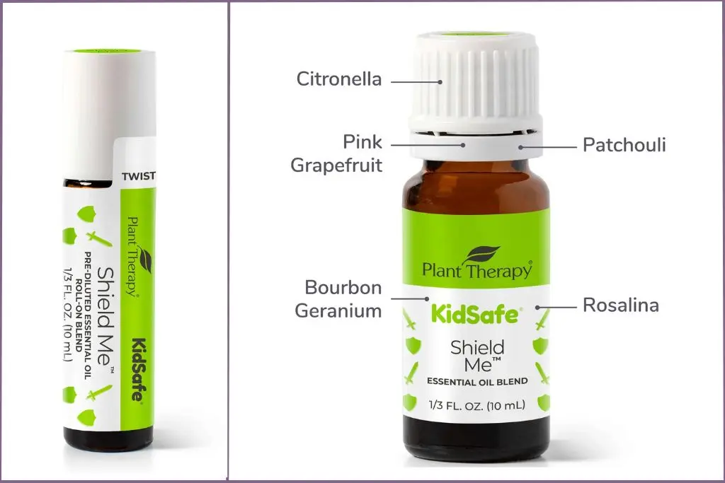 Bottle and rollon of Shield Me essential oil for bug bites