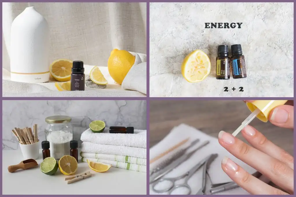 collage of lemon essential oil bottles, lady doing manicure and diffuser