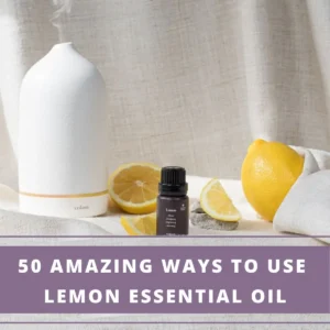 diffuser with lemon essential oil bottle, a ful lemon and lemon slices