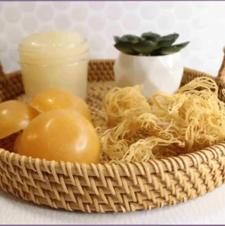 wicker basket with sea moss and sea moss soap
