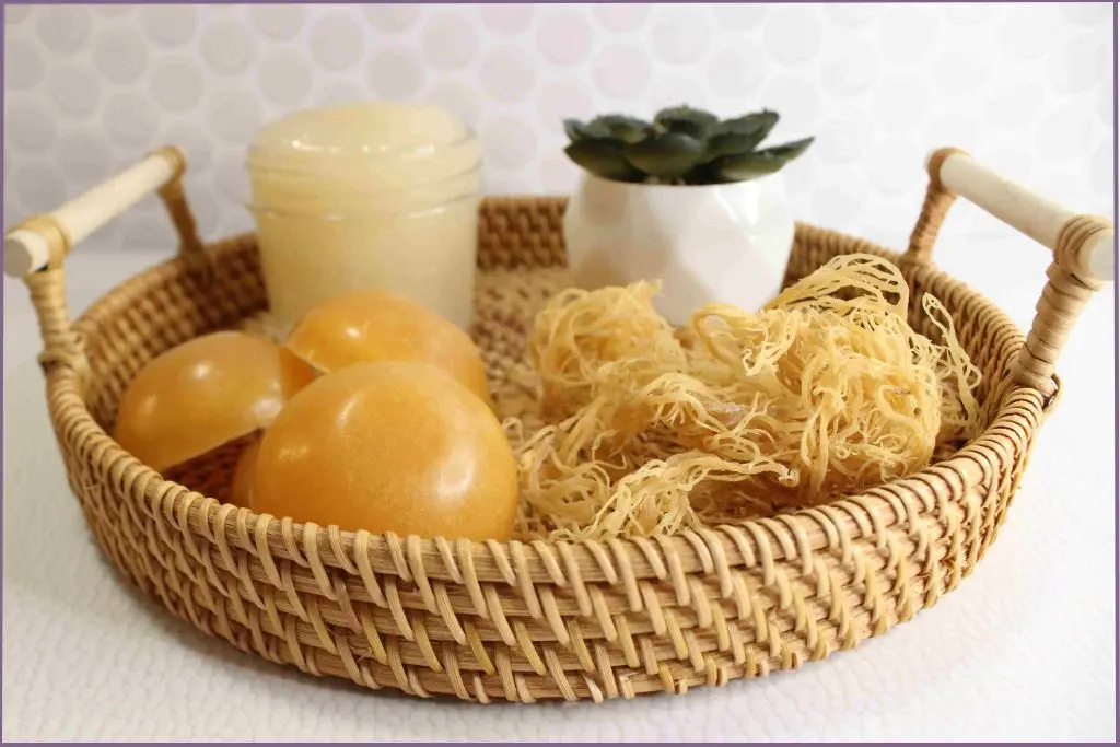 wicker basket with sea moss and sea moss soap