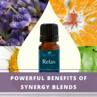 bottle of relax synergy blend surrounded by lavender and orange slice