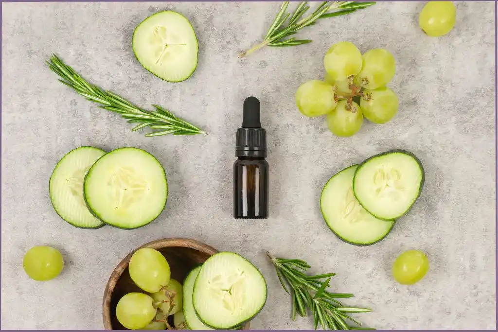 essential oil bottle surrounded by cucumber slices and grapes - cooling essential oil