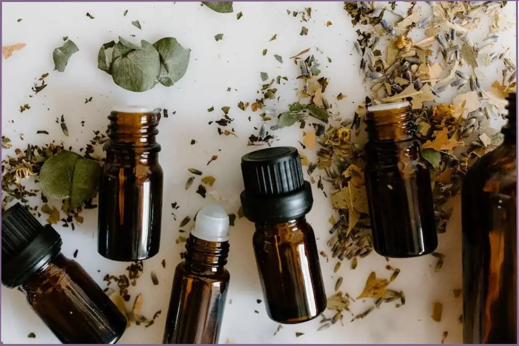 essential oil bottles on dried eucalyptus leaves