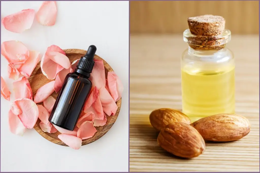 bottle of rose essential oil and almond carrier oil