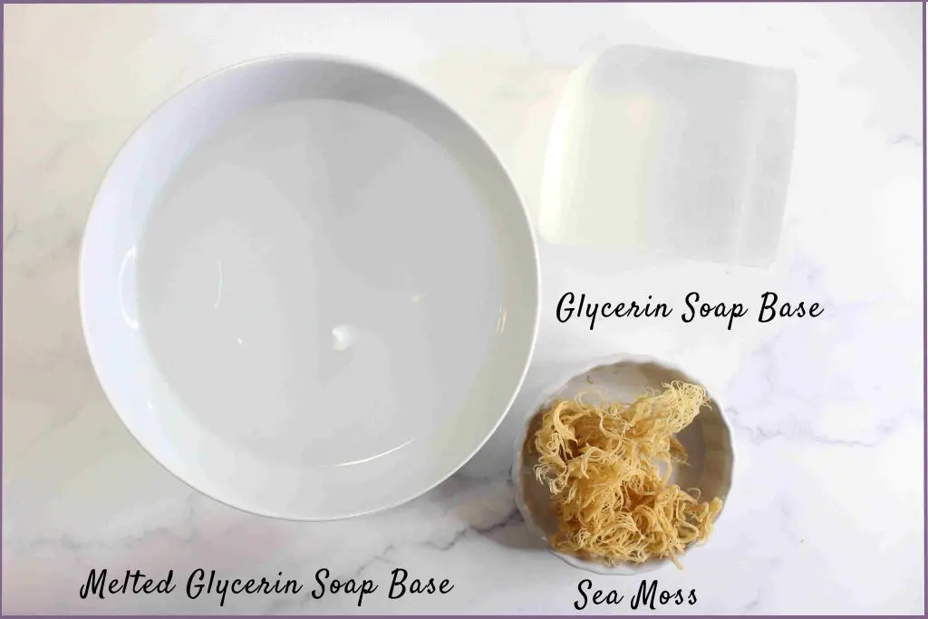 bowl of melted glycerin soap base, glycerin soap base cube, and howl of sea moss