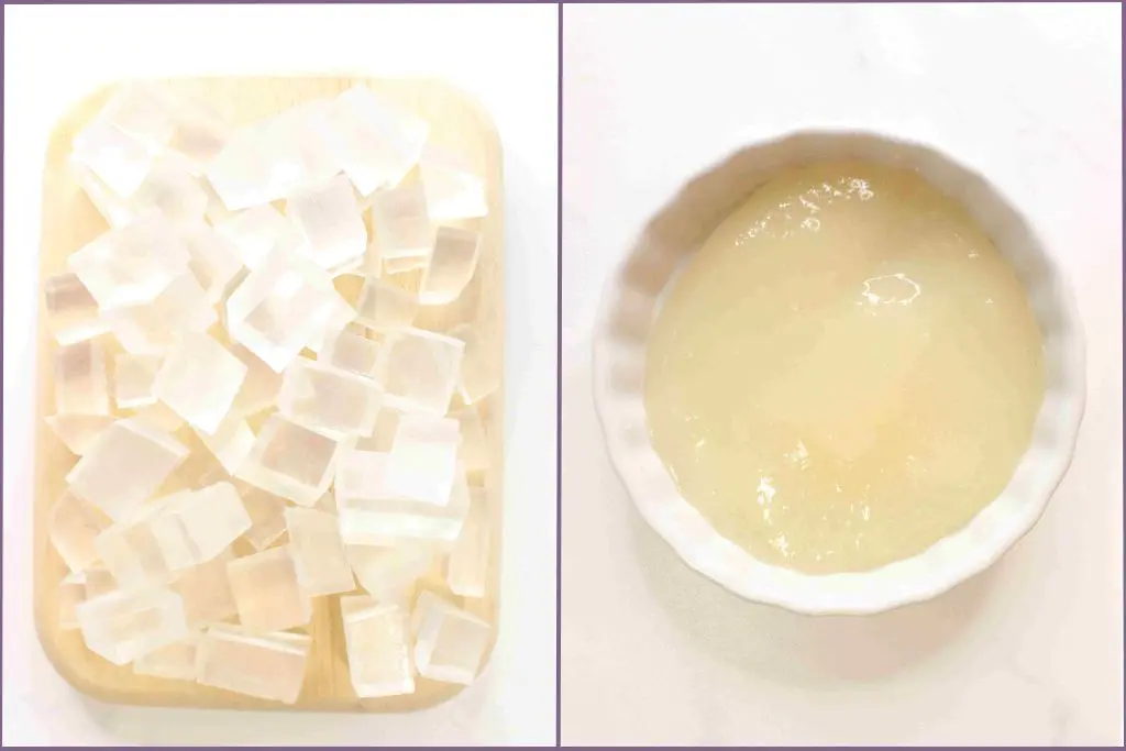 cubes of gelatin soap base and a bowl of melted soap base