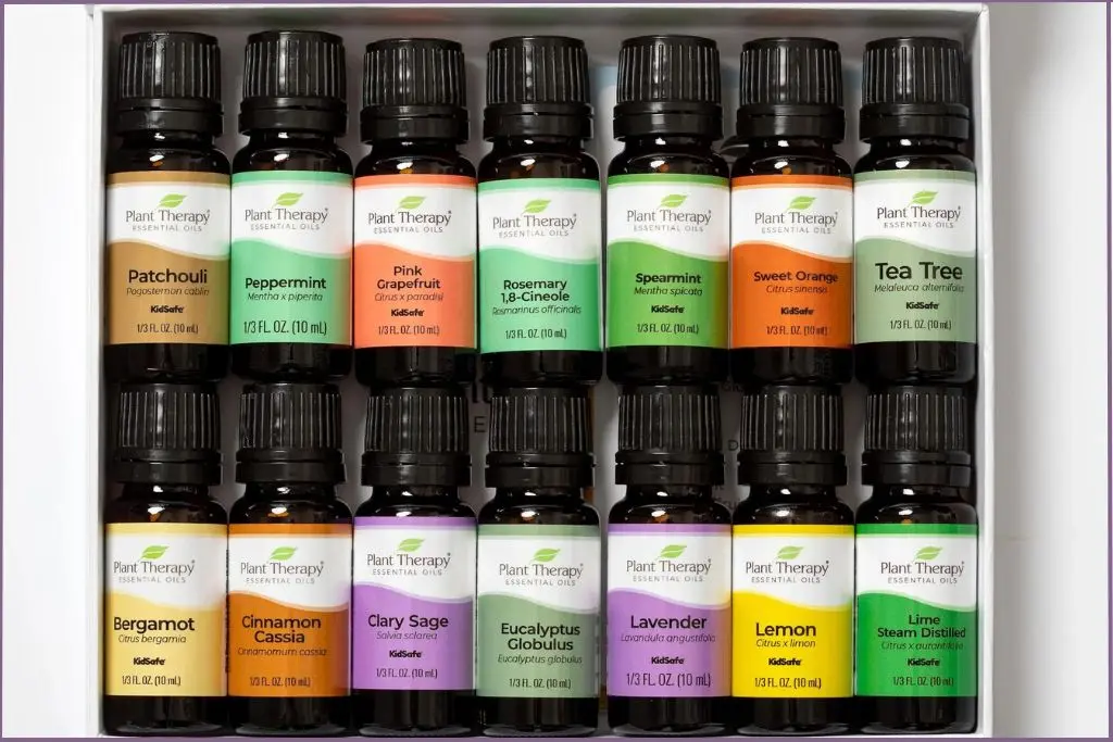 14 essential oil bottles stacked on top of each other 7 in a row