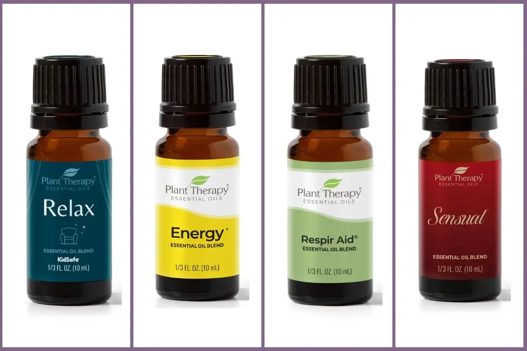 bottles of relax, energy, respir aid, and sensual synergy blends