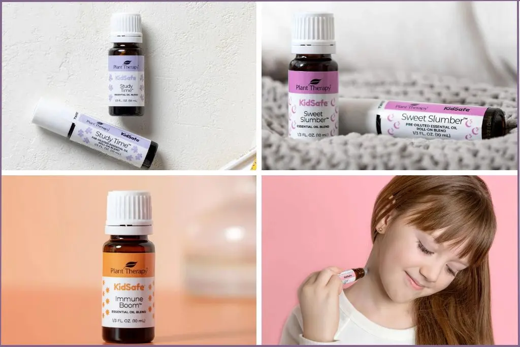 4 back to school essential oil bottles and roll-ons + little girl applying roll-on to her neck