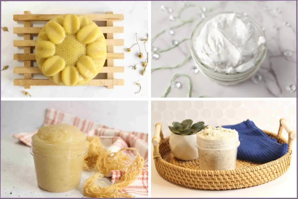 DIY products with essential oils - soap, body butter, sugar scrub, bentonite clay