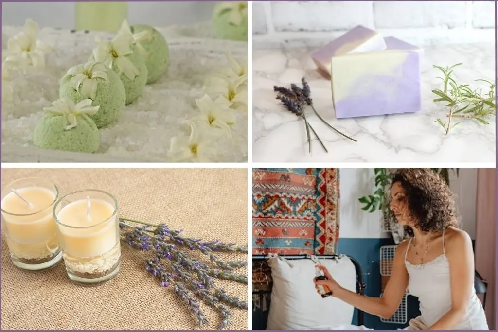 images of things to make with deep sleep diffuser blends - bath salts, soap, pillow spray