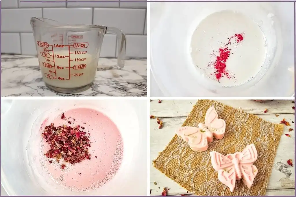 steps for making melt and pour shea butter soap - melted soap in glass jar, red color added to melted soap, rose petals added to melted soap, finished pink butterfly soaps