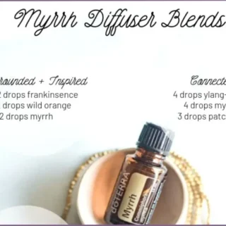 myrrh essential oil bottle in a white container - myrrh diffuser blends
