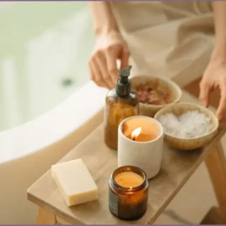 lady adding bath salts to a bath tub