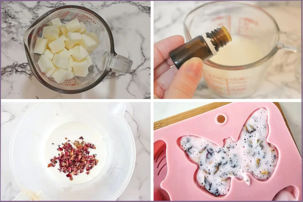 steps for making melt and pour shea butter soap - soap pieces in glass measuring jar, adding essential oil to melted soap, rose petals in melted soap, soap setting in a butterfly shaped mold.