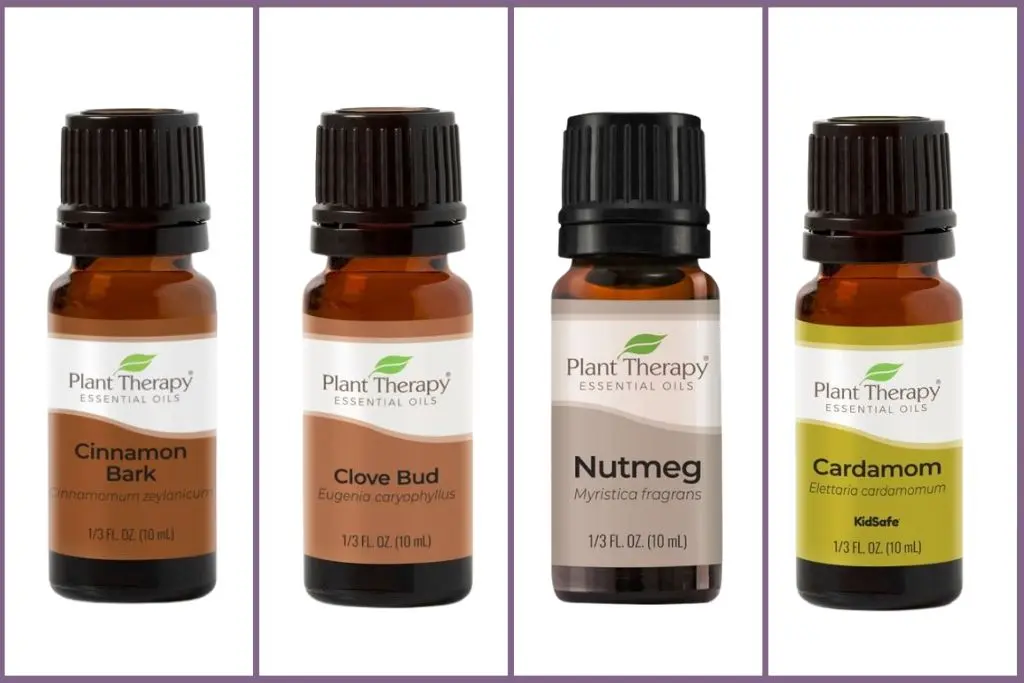 4 spicy essential oil bottles - cinnamon, clove, nutmeg cardamom