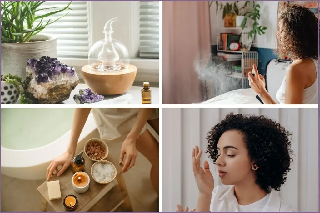 4 images - diffuser on table, lady spraying, lady preparing to get into bath tub, and lady inhaling aroma from her palms