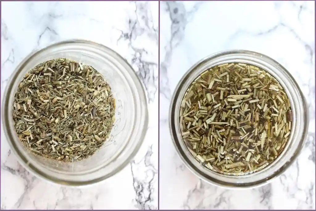 jar of dried yarrow and 2nd jar with oil poured over the dried yarrow - How to make yarrow infused oil