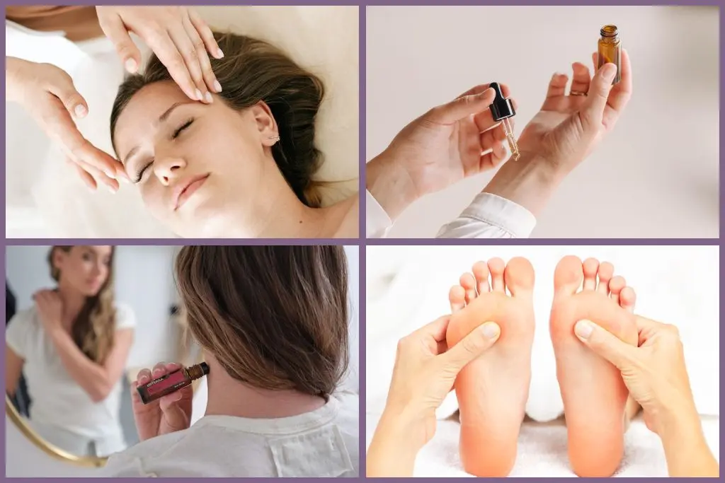 applying essential oils to different pulse points - temples, inner wrist, below the ears, and soles of the feet