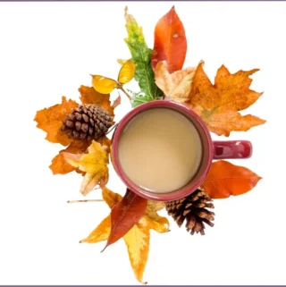 cup of chai surrounded by fall leaves and pine cones