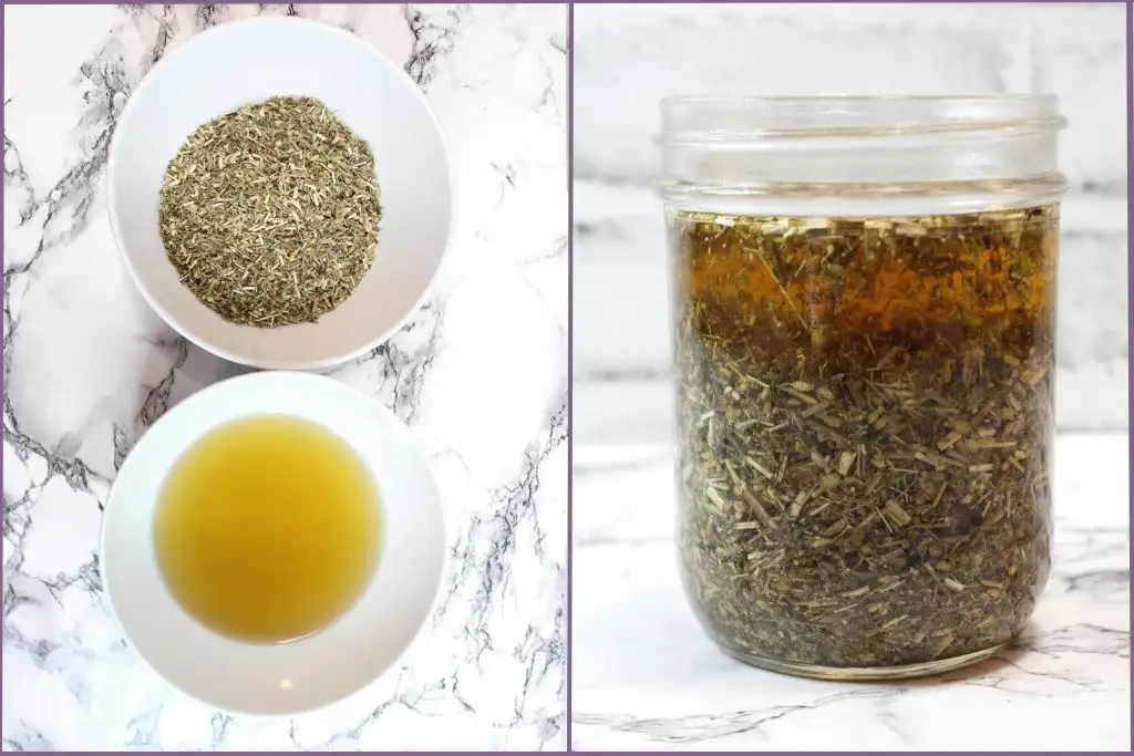 cut yarrow and carrier oil in two white bowls and another jar containing a mxiture of cut yarrow and essential oils