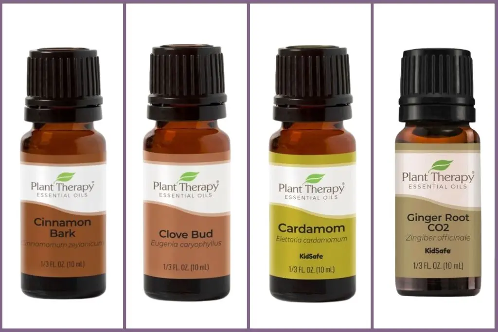 4 essential oils -cinnamon, cardamom, clove, and ginger- to make chai tea diffuser blend