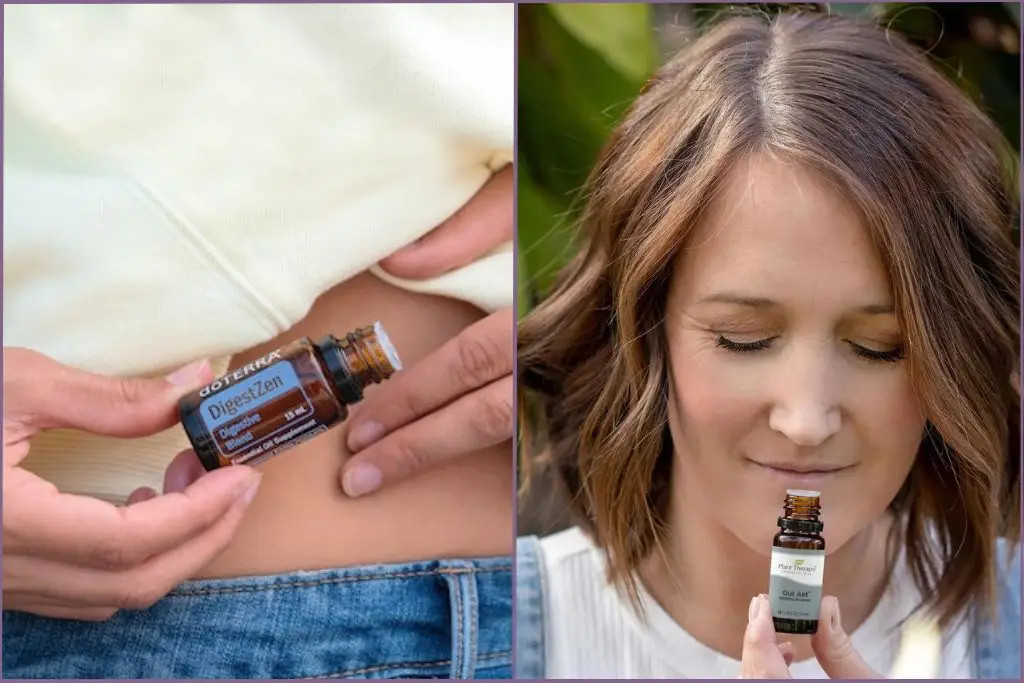 lady putting essential oil around her tummy area + lady sniffing directly from bottle